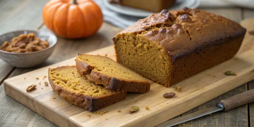 A moist, sliced gluten-free pumpkin bread on a rustic wooden board.