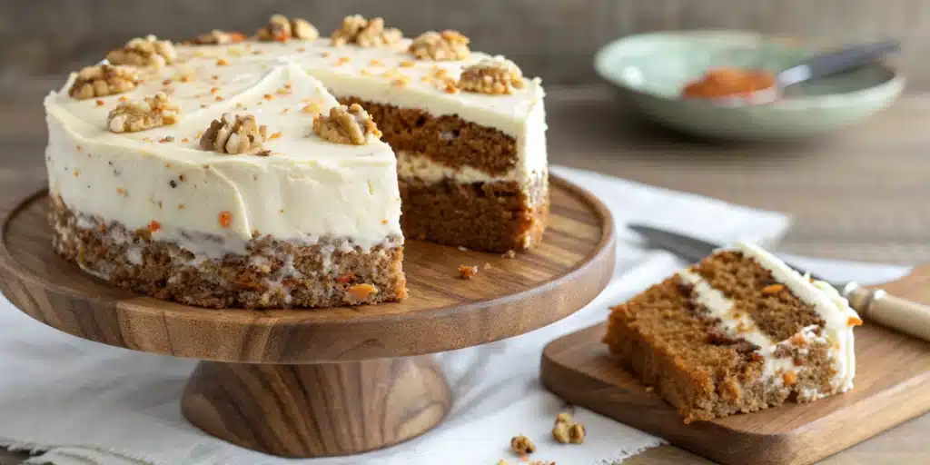 A moist, frosted gluten-free carrot cake on a cake stand with a slice removed.