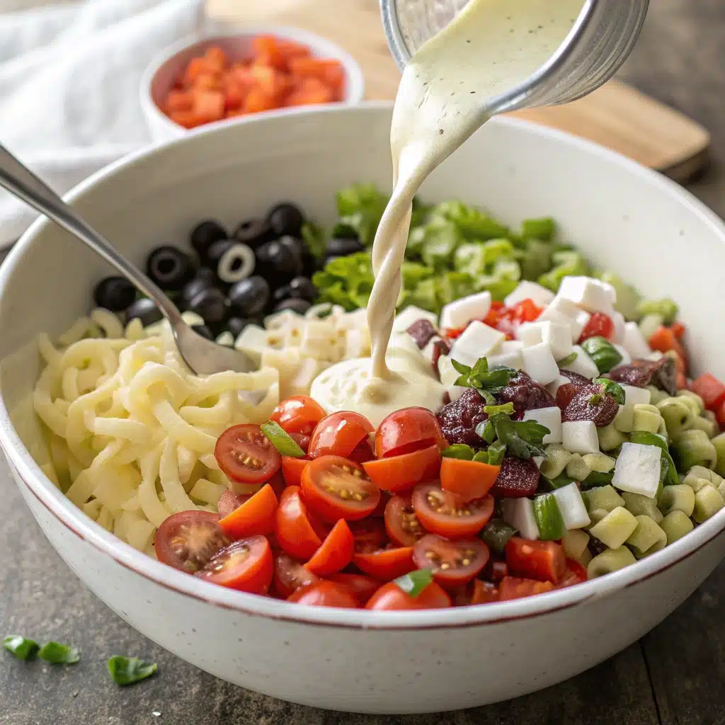 Pouring creamy dressing over the gluten-free pasta salad before mixing.