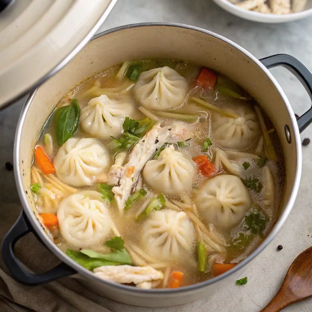 The finished pot of gluten-free chicken and dumplings with perfectly cooked, fluffy dumplings.