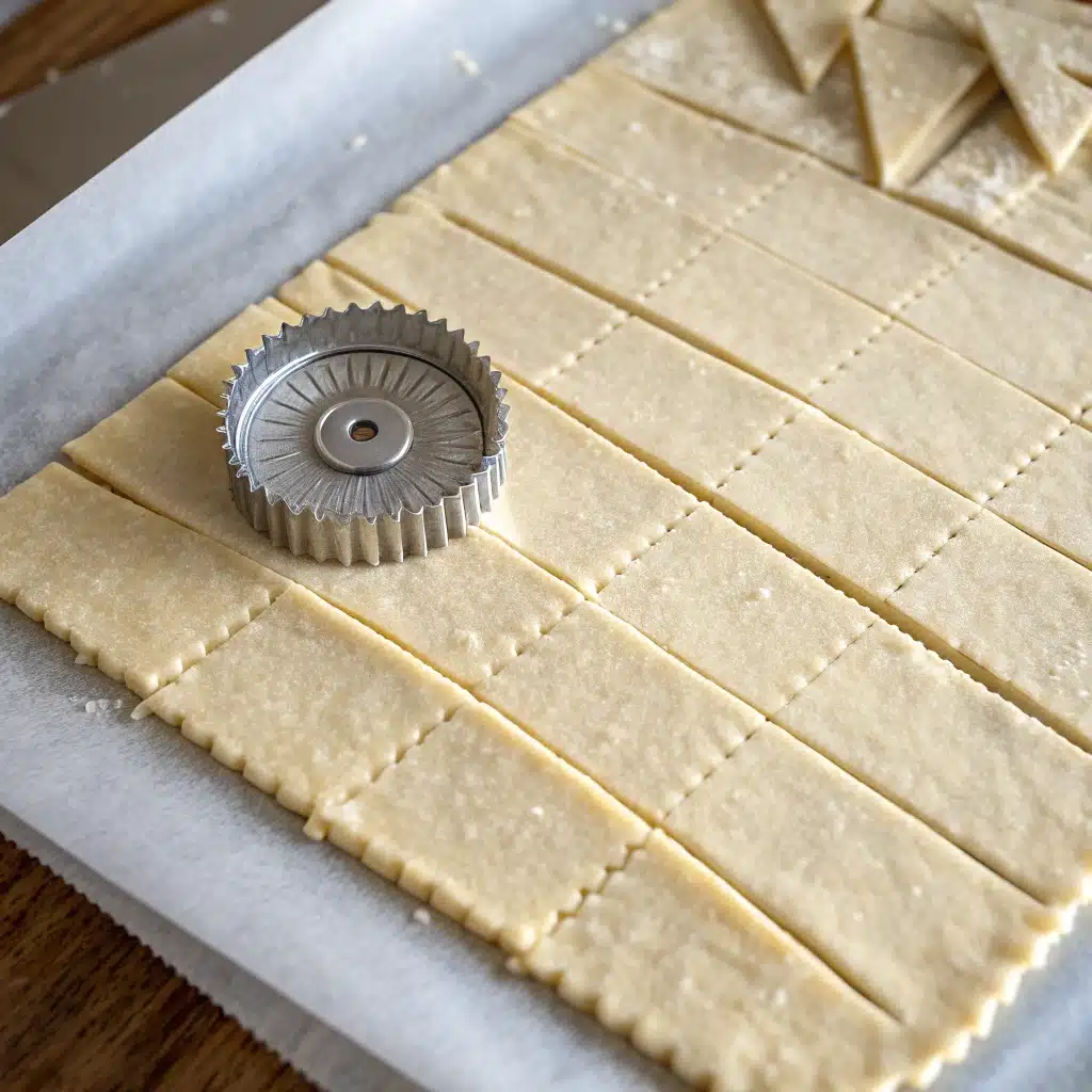 A fluted pastry wheel cutting the thin, rolled-out gluten-free cracker dough into rectangles.