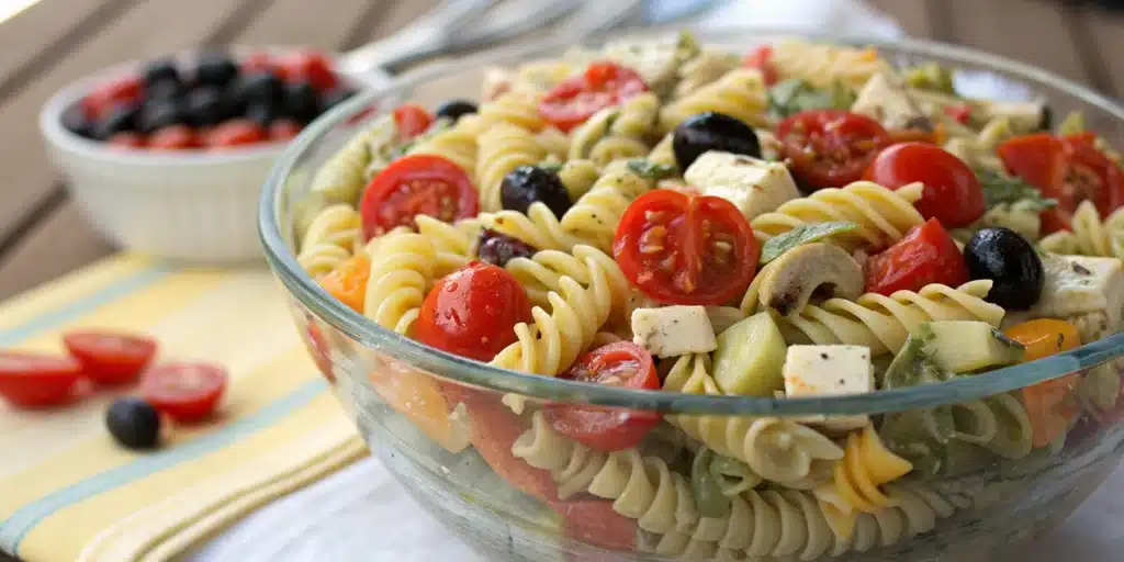 A large bowl of creamy gluten-free pasta salad filled with fresh vegetables.