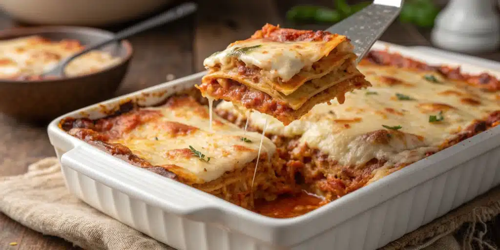 A bubbling, cheesy gluten-free lasagna in a baking dish with a slice being served.