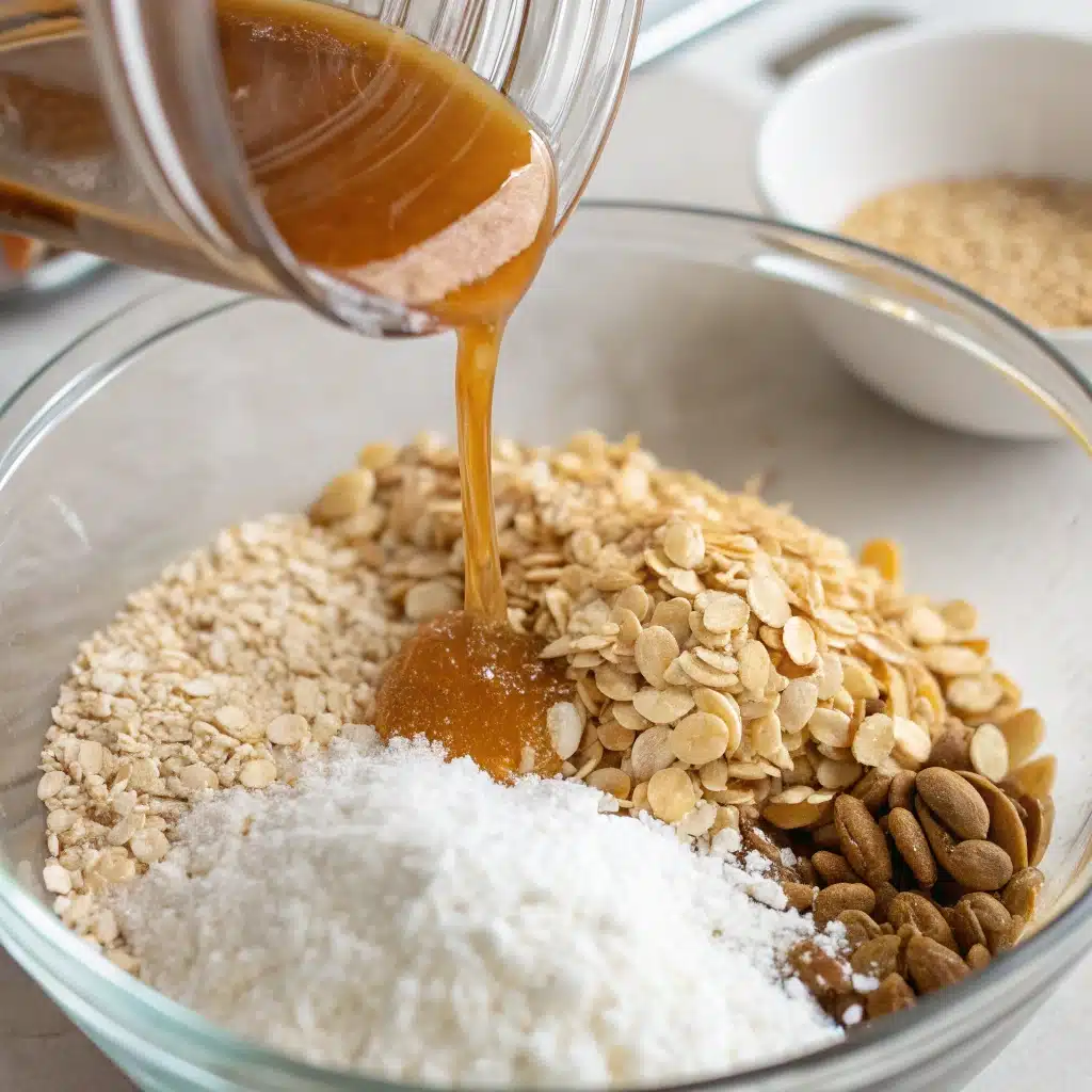 Combining peanut butter and honey with the dry oat mixture in a large bowl to make gluten free protein balls.