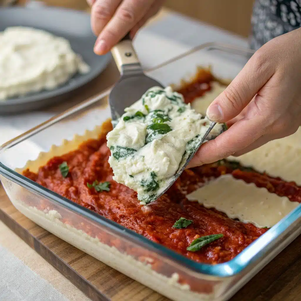 Spreading the creamy ricotta and spinach filling over a layer of the gluten-free lasagna.