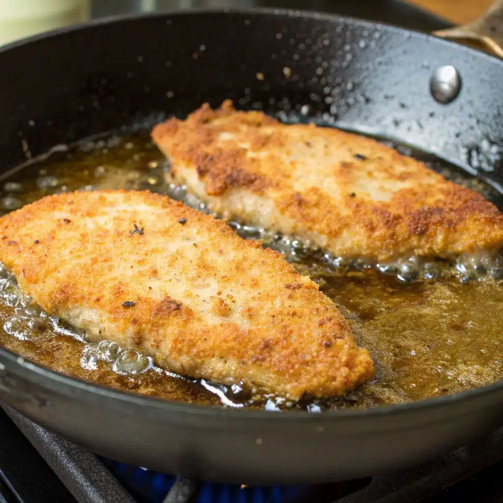 Two gluten-free chicken parmesan cutlets being pan-fried to a golden crisp in a skillet.