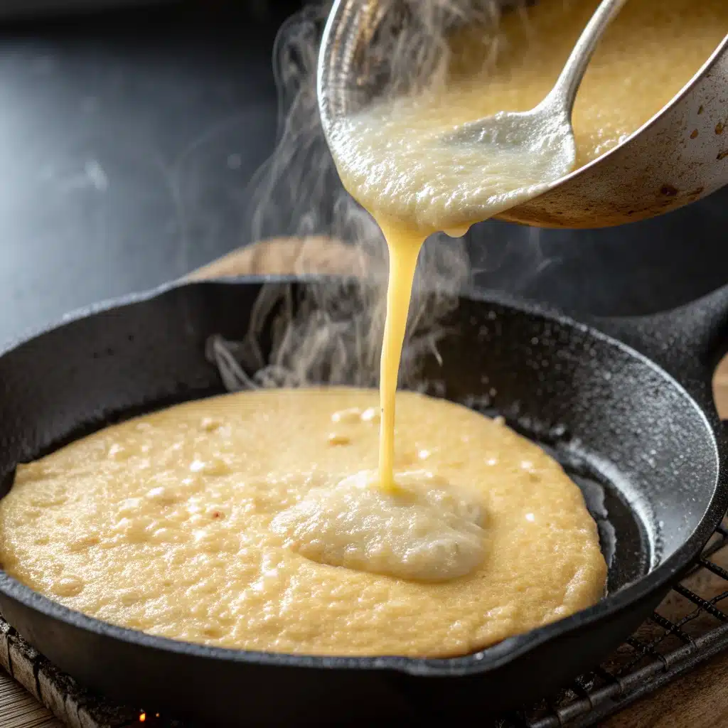 Pouring gluten-free cornbread batter into a hot, sizzling cast-iron skillet to create a crispy crust.