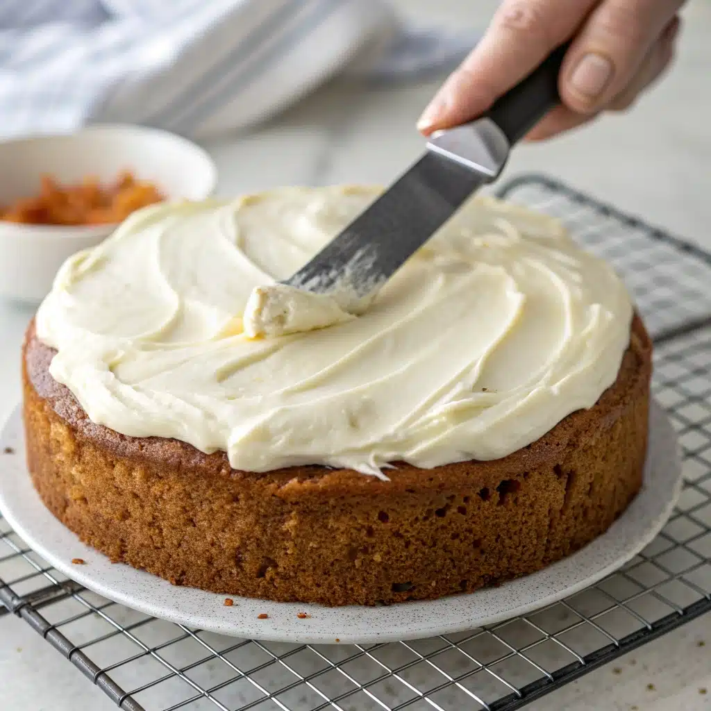 A perfect slice of gluten-free carrot cake with cream cheese frosting on a plate.
