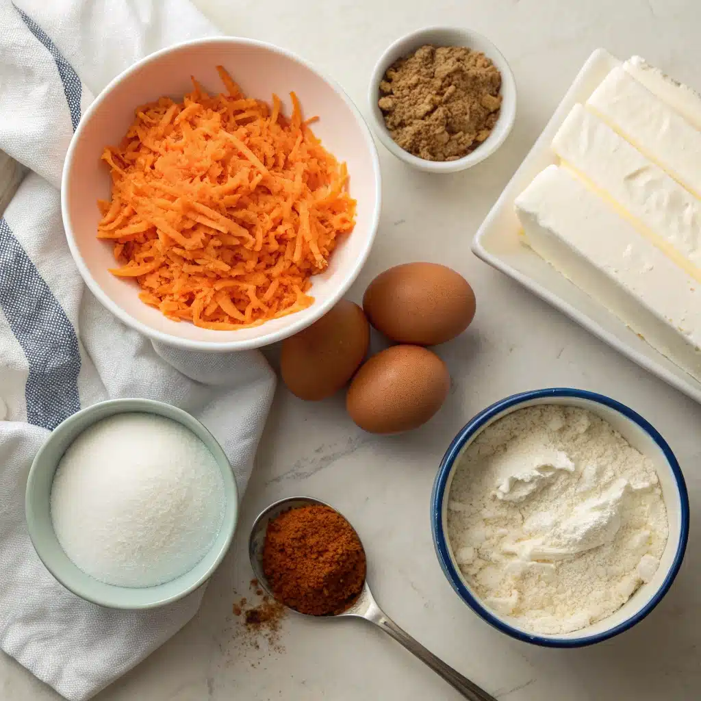 Ingredients for the gluten-free carrot cake and cream cheese frosting neatly arranged.