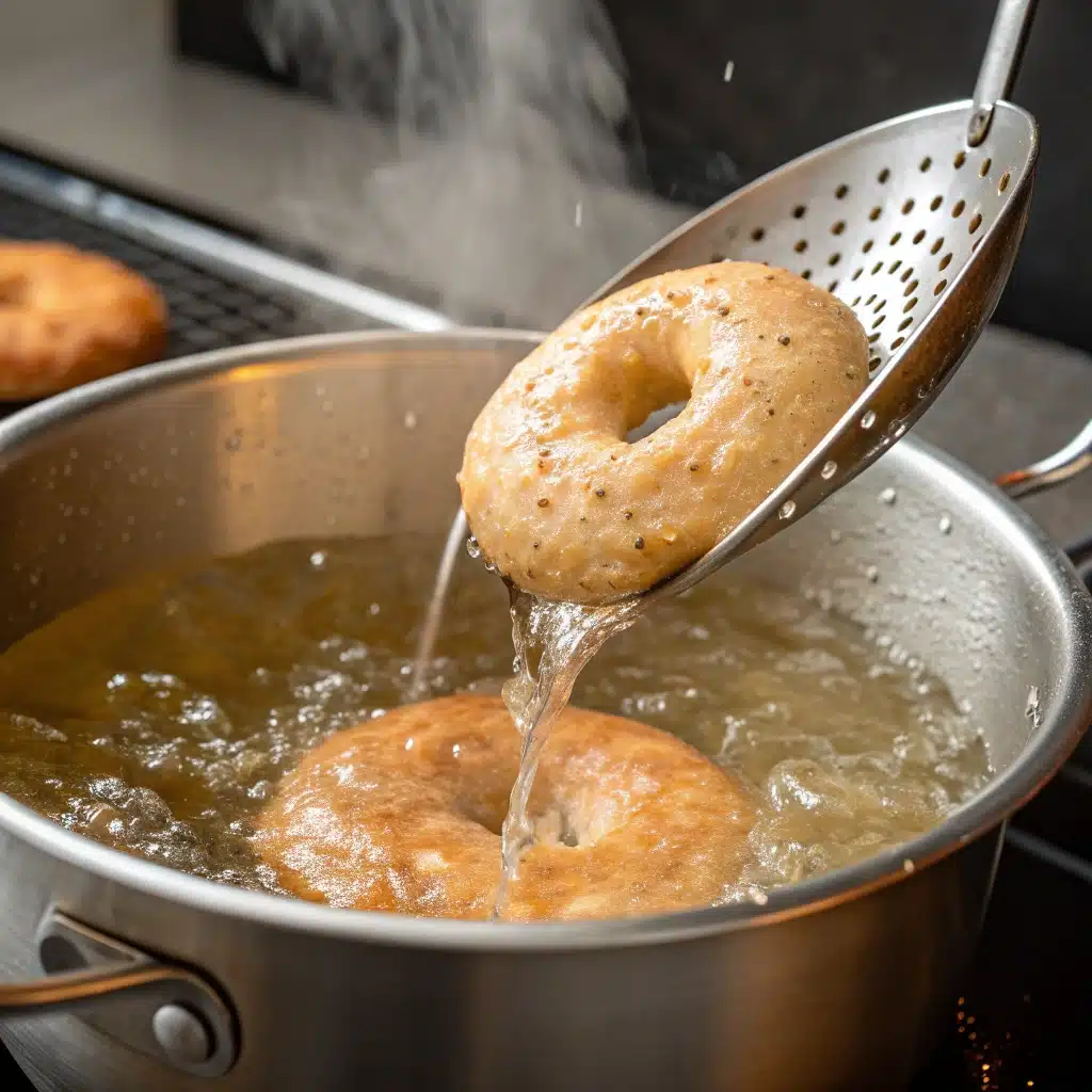 A gluten-free bagel being lifted out of a pot of boiling water with a skimmer.
