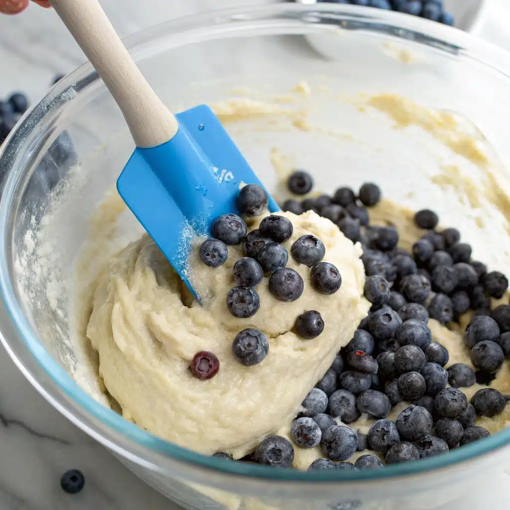 Folding blueberries into the batter for the gluten free blueberry muffin recipe.