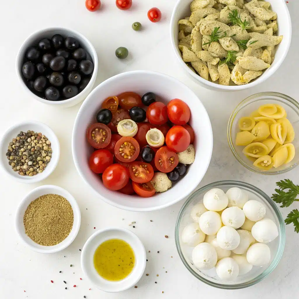 Ingredients for the creamy gluten-free pasta salad and Italian dressing.