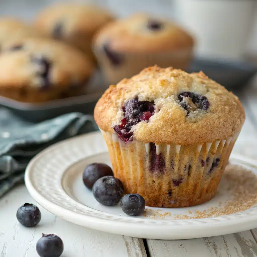 A perfect gluten free blueberry muffin in a liner