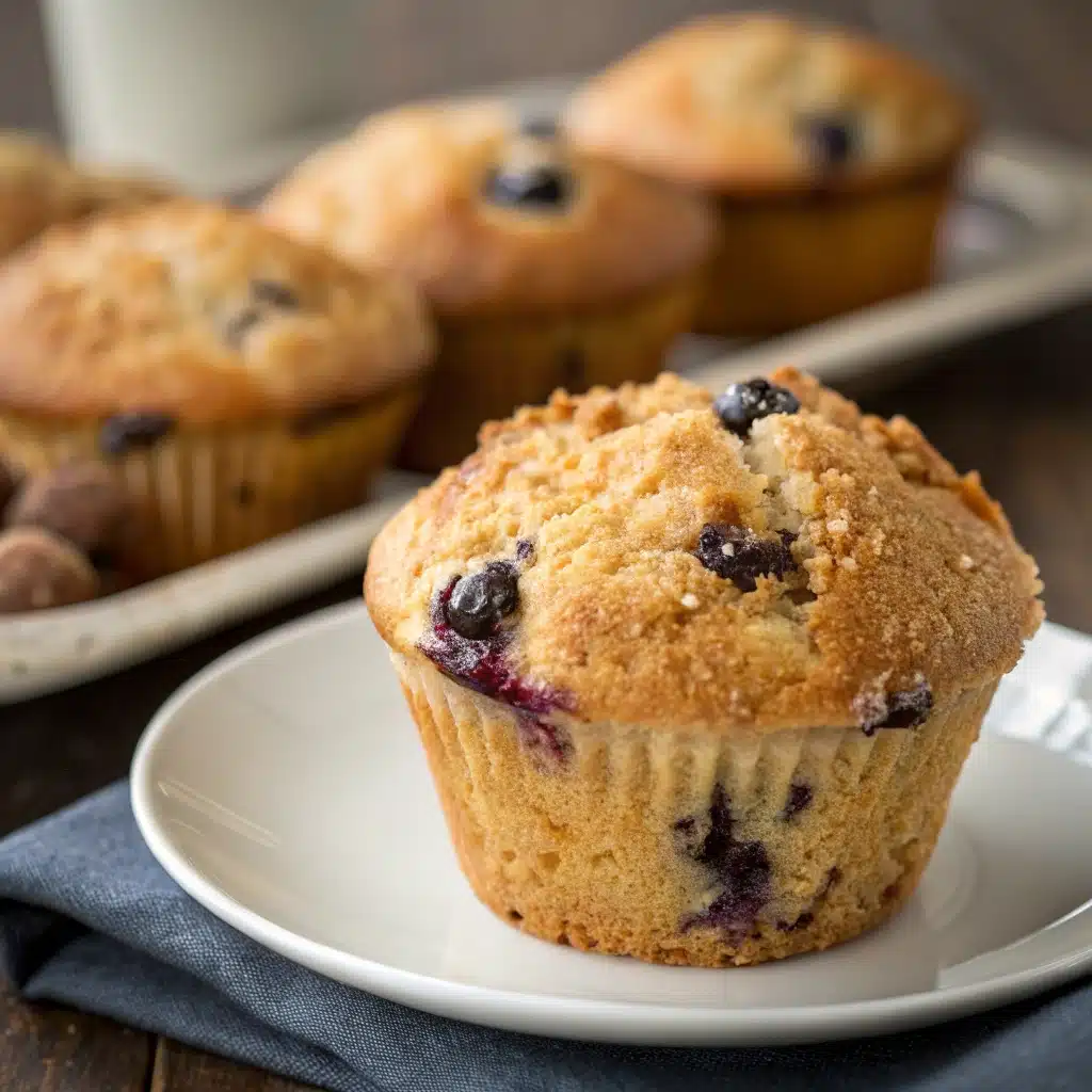 A single gluten free blueberry muffin on a plate