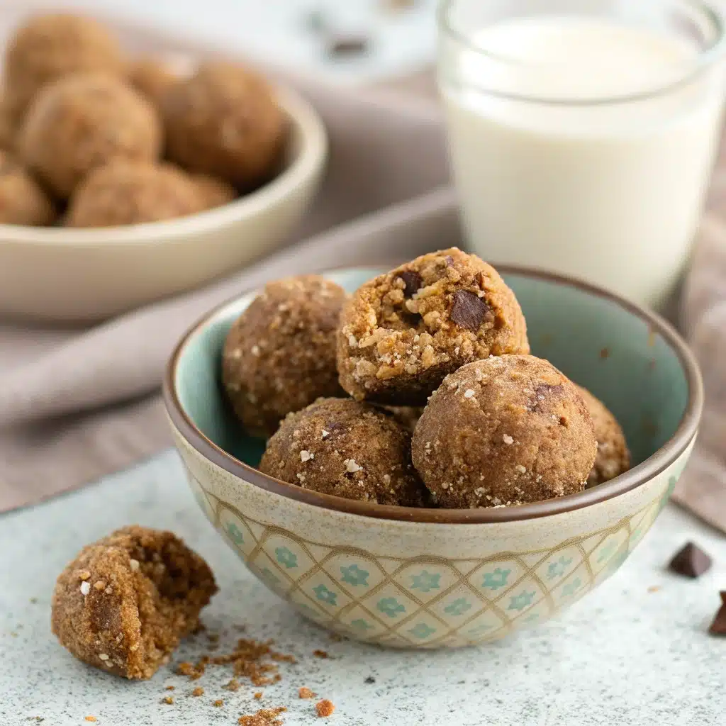 A bowl of finished gluten free protein balls, with one bite taken out to show the texture.