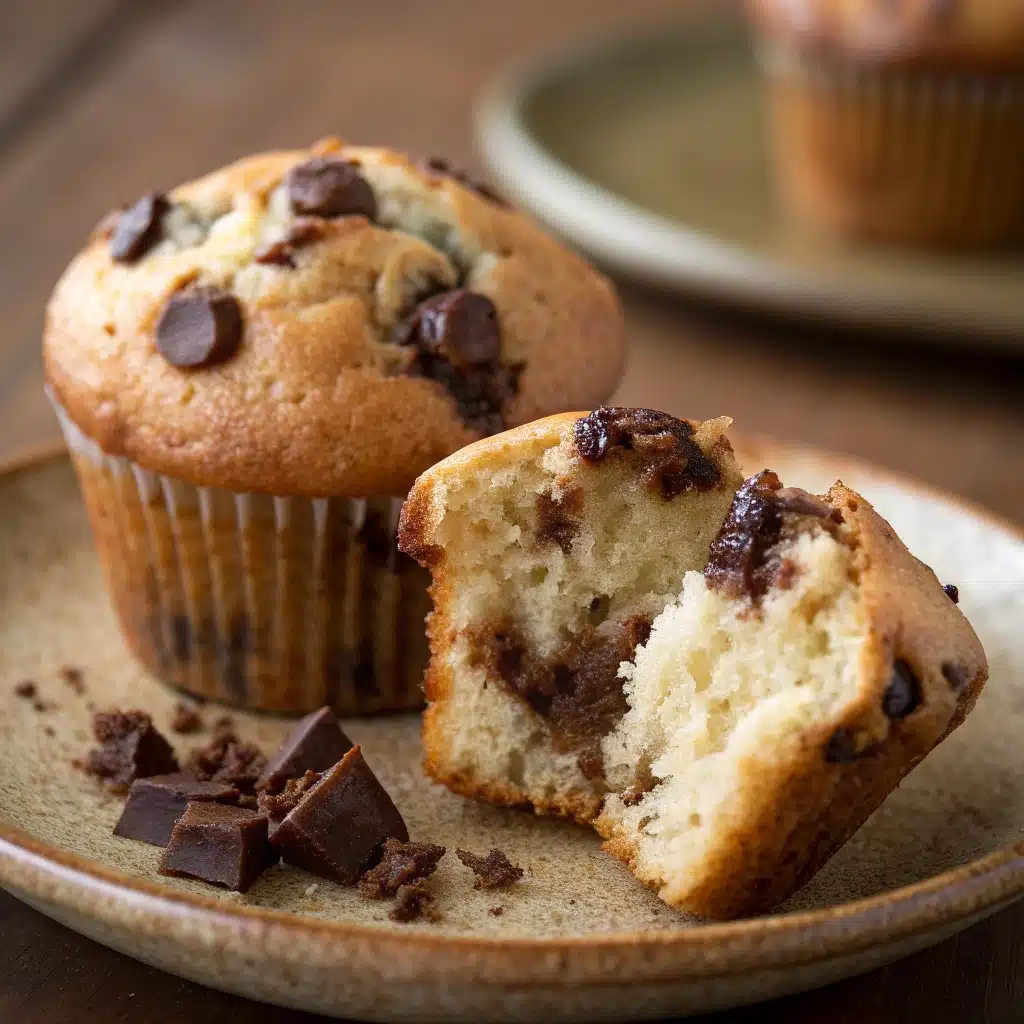 A gluten-free chocolate chip muffin split in half to show the soft, fluffy inside.