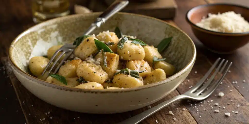 A rustic bowl of soft, homemade gluten-free gnocchi in a butter and sage sauce.