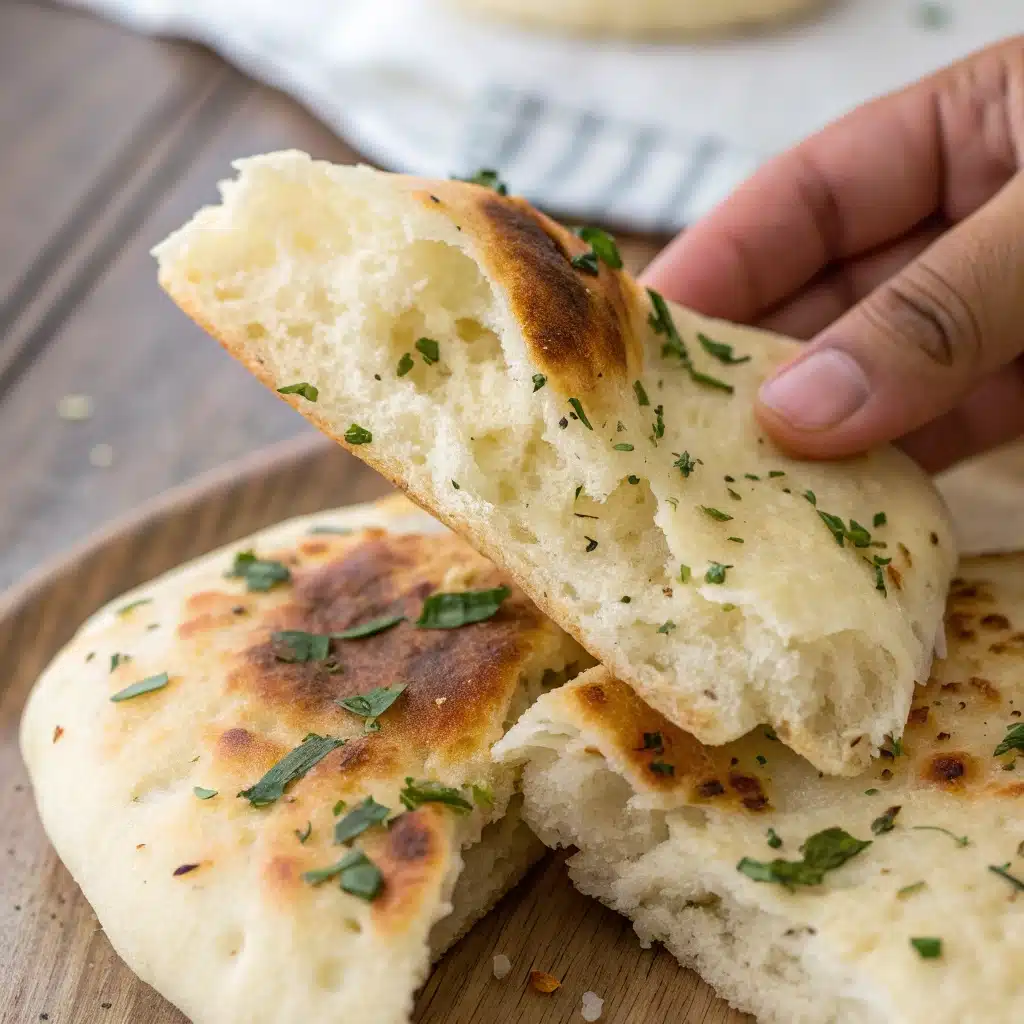 A hand tearing a piece of soft gluten-free naan to show the fluffy interior.