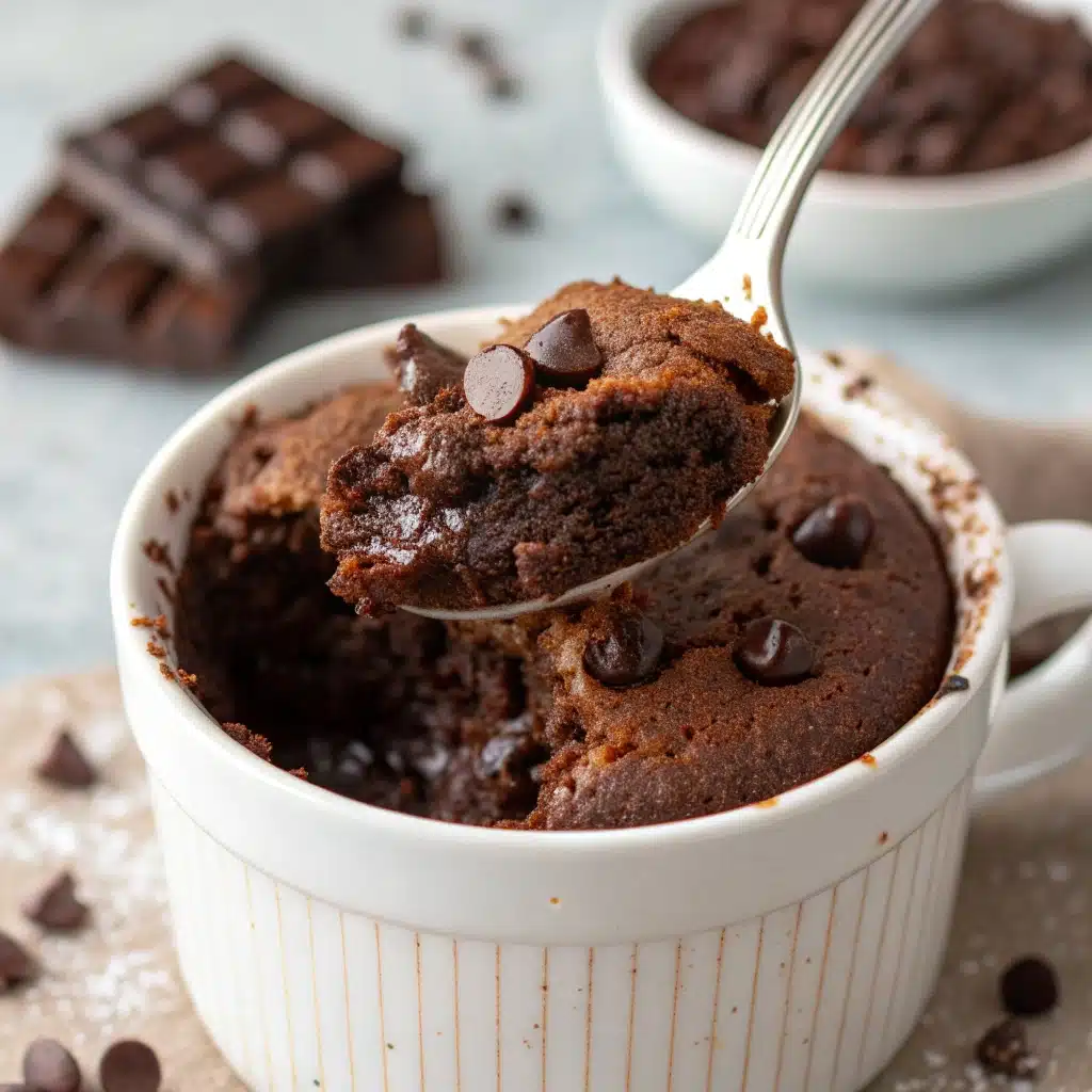 A spoon taking the first bite of a warm, gooey gluten-free chocolate mug cake.