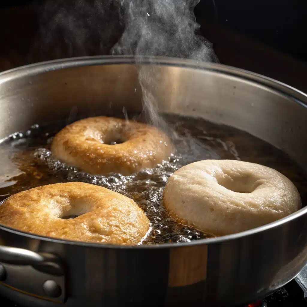 Three gluten free bagels being boiled in a pot of water with molasses before being baked.
