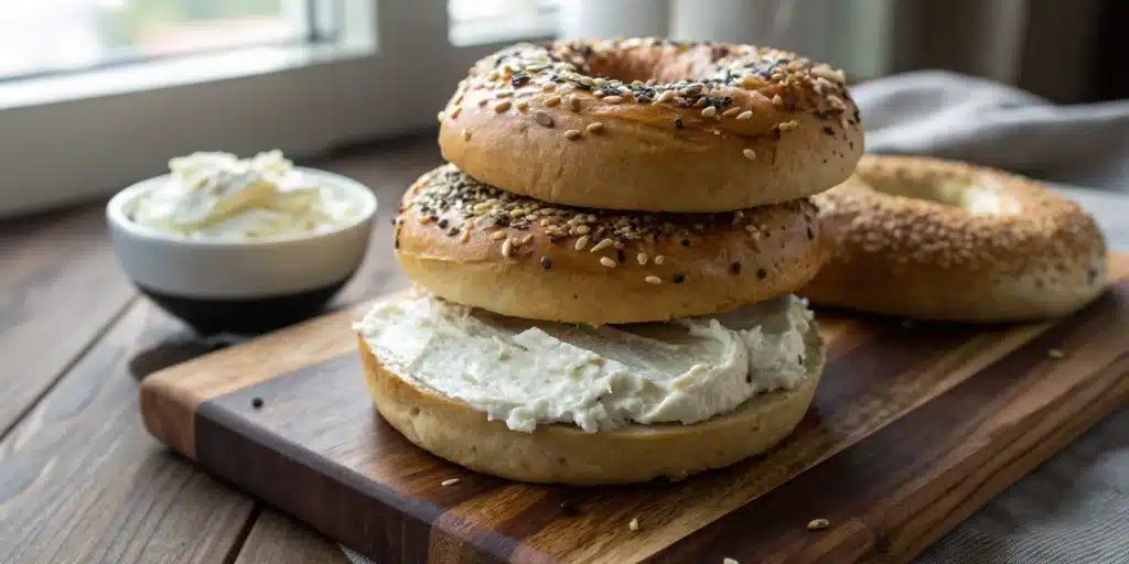 A stack of homemade gluten free bagels with everything seasoning, the top one sliced and spread with cream cheese.