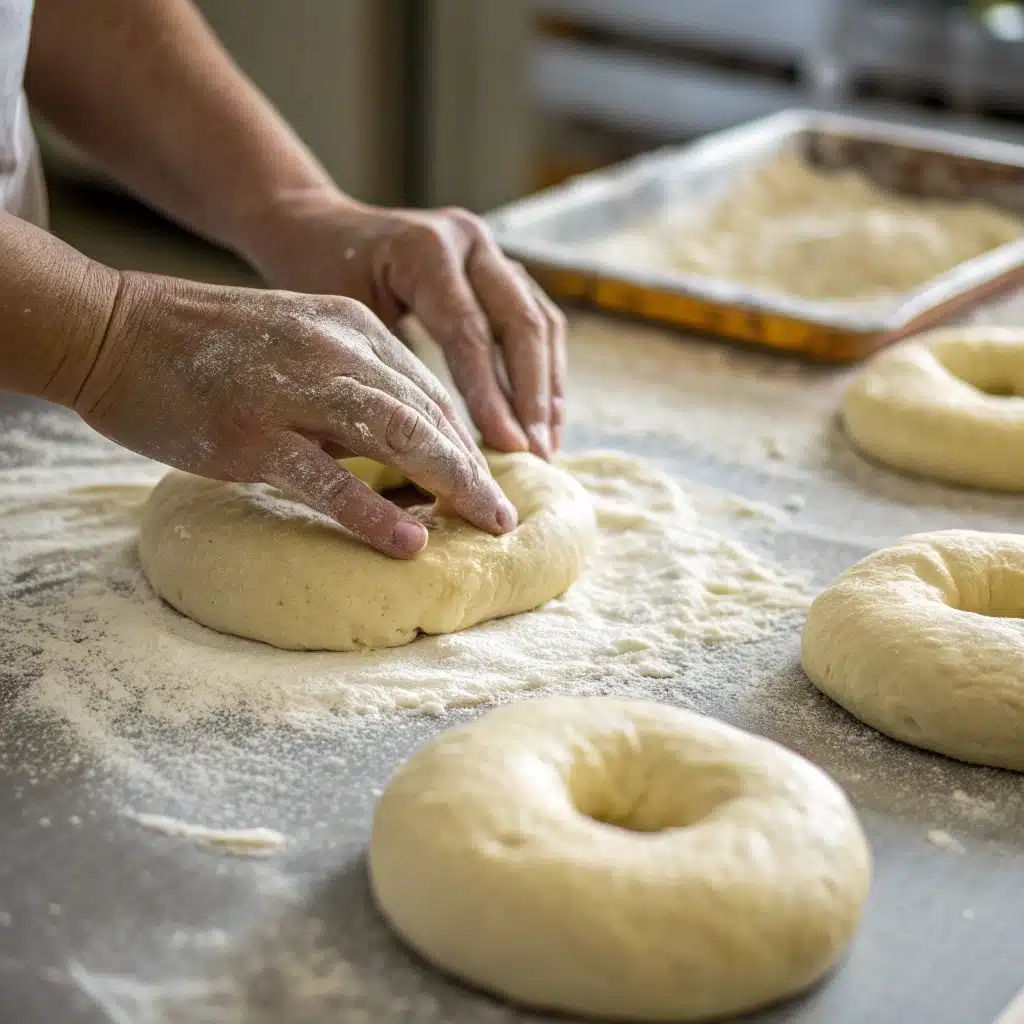 A baker's hands shaping the dough for the gluten free bagel recipe using the rope method.