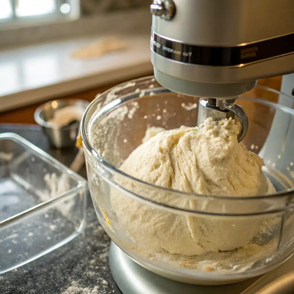 Whipping the gluten free pizza dough in a stand mixer to create a light and airy texture.