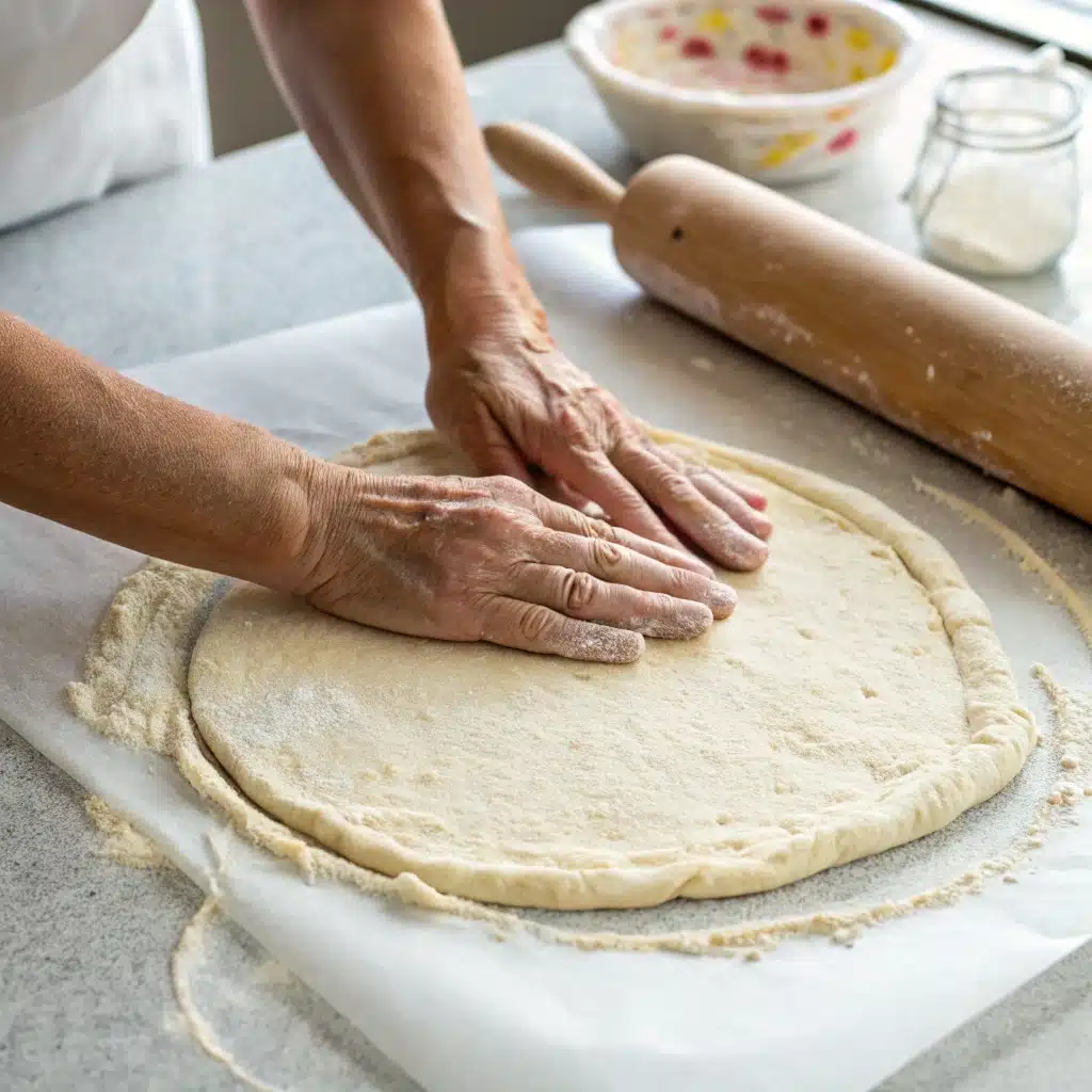 Shaping the chilled gluten free pizza dough by hand on parchment paper before baking.