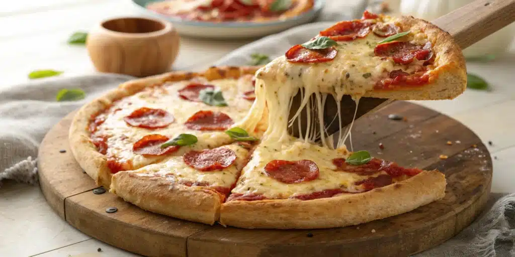 A finished pizza made with the gluten free pizza dough recipe, with a slice being pulled away showing a cheese pull.