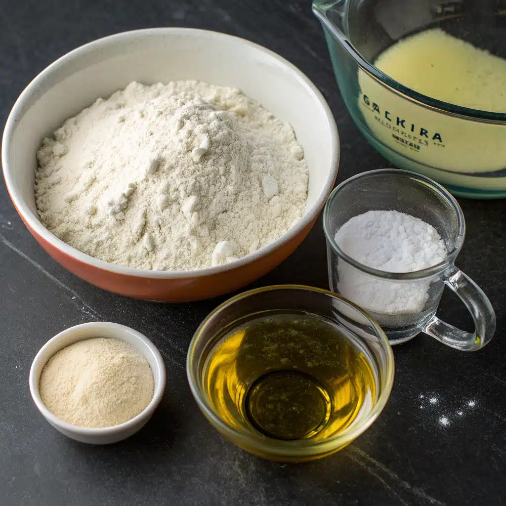 Ingredients for the gluten free pizza dough recipe, including gluten-free flour, yeast, and olive oil.