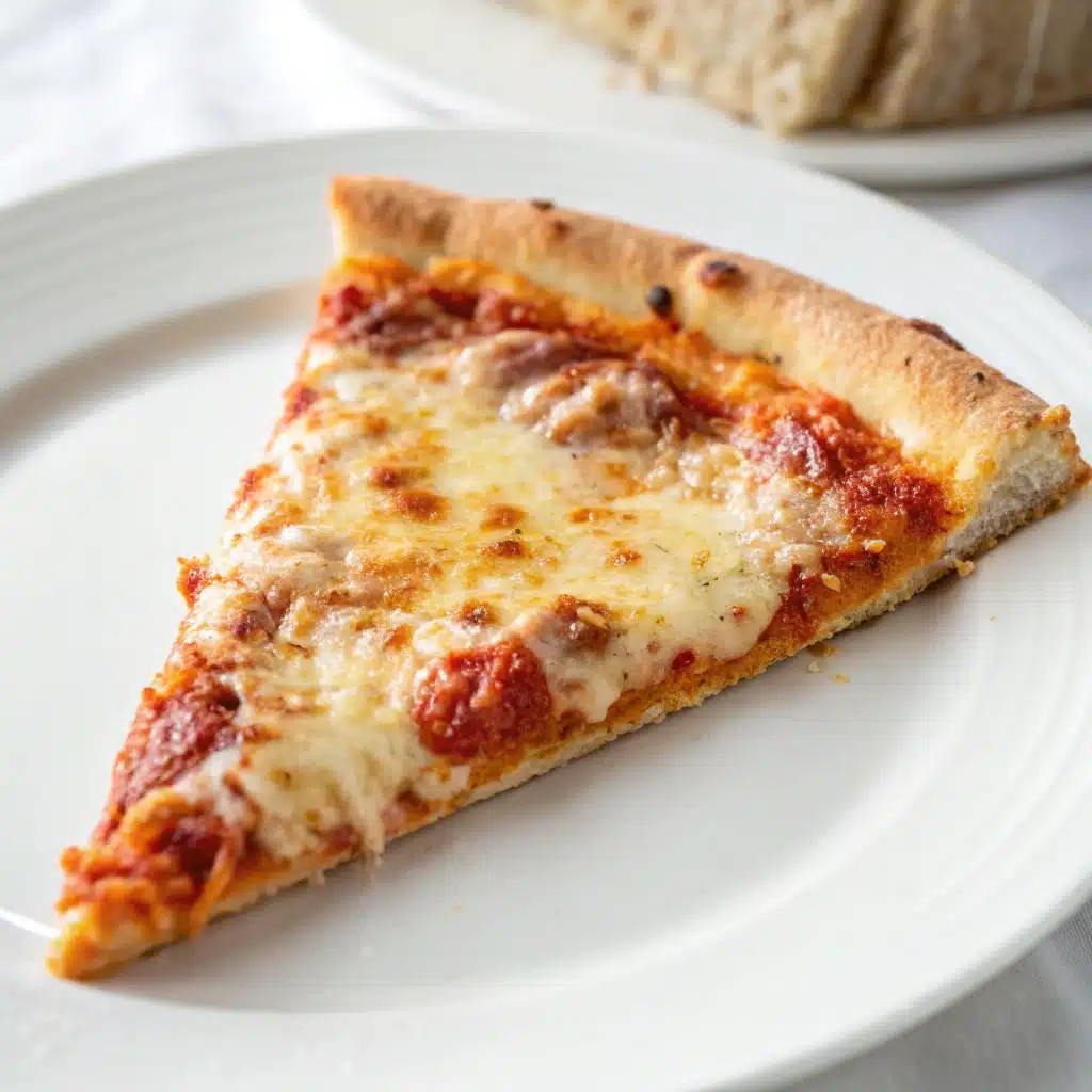 A perfect slice of pizza made with the gluten free pizza dough recipe, showing the chewy crust.
