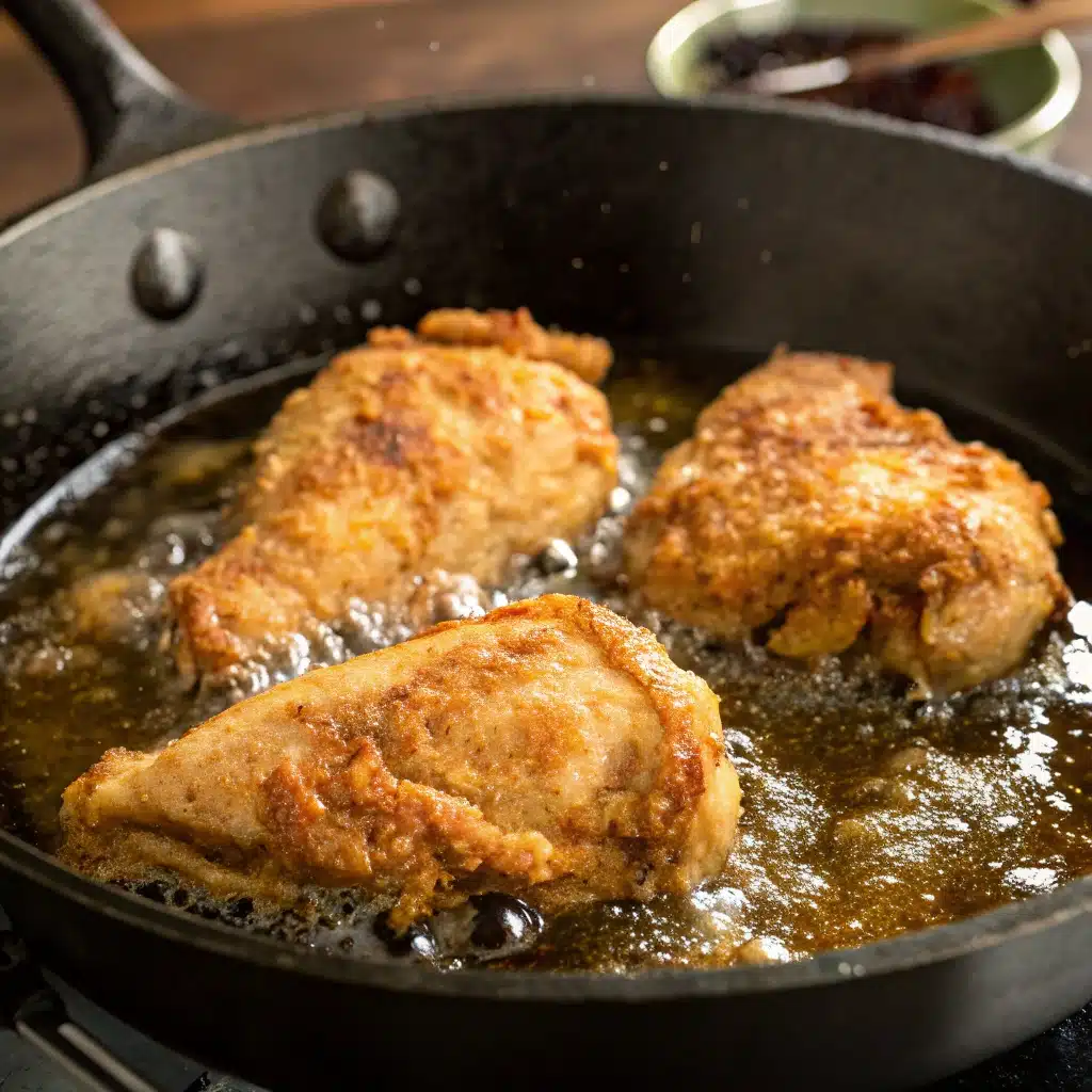 Pieces of breaded gluten free fried chicken sizzling in hot oil in a cast-iron skillet.