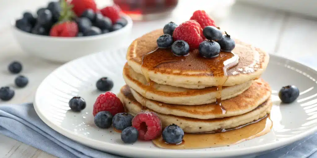 A tall stack of fluffy gluten free protein pancakes topped with fresh berries and a drip of maple syrup.