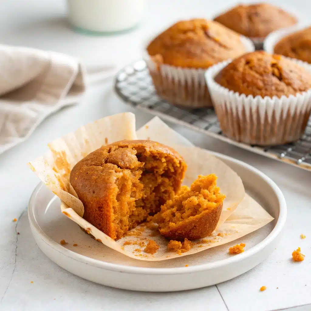 One gluten free pumpkin muffin broken in half to display its soft, moist crumb.