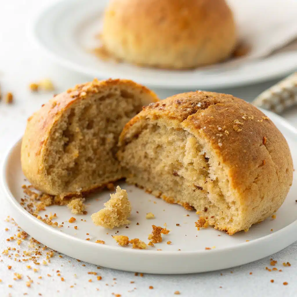 A perfect gluten free lentil bread roll sliced in half on a white plate.