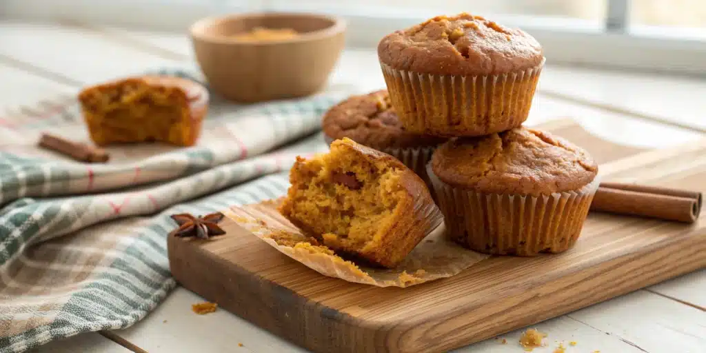 A stack of three gluten free pumpkin muffins on a wooden board, with one showing the moist interior.