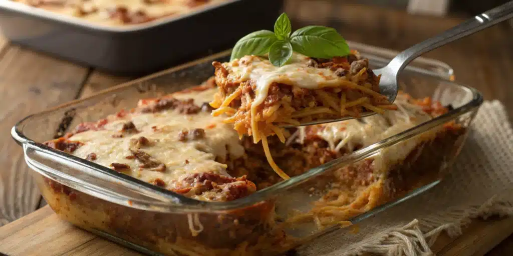 A Gluten-Free Spaghetti Bake Casserole in a glass dish, with a slice being served to show the cheesy layers inside.