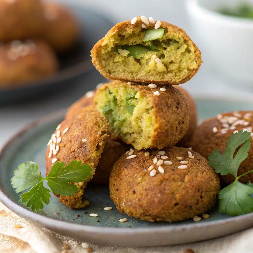 A close-up of a perfectly cooked Gluten-Free Air Fryer Falafel broken open to show its fluffy green center.