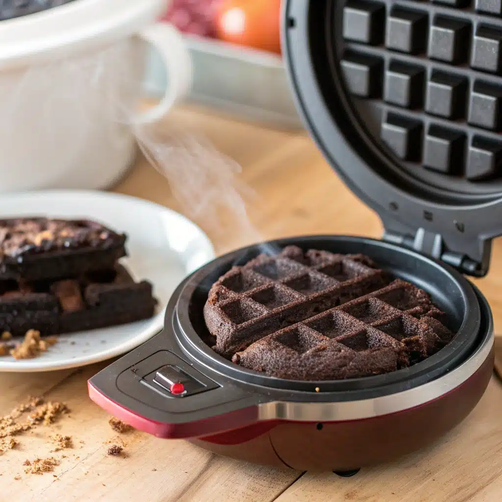 Cooking a gluten free brownie waffle in a hot Dash mini waffle maker.