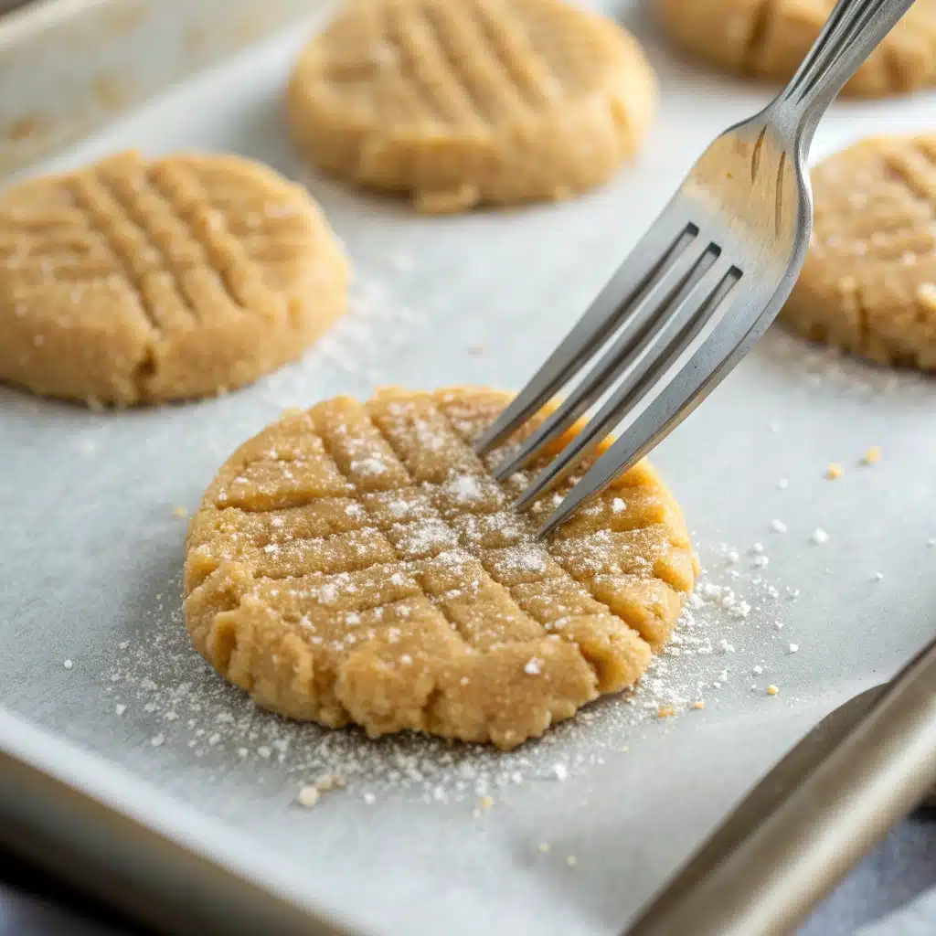Using a fork to press a classic crisscross pattern onto a gluten free peanut butter cookie.