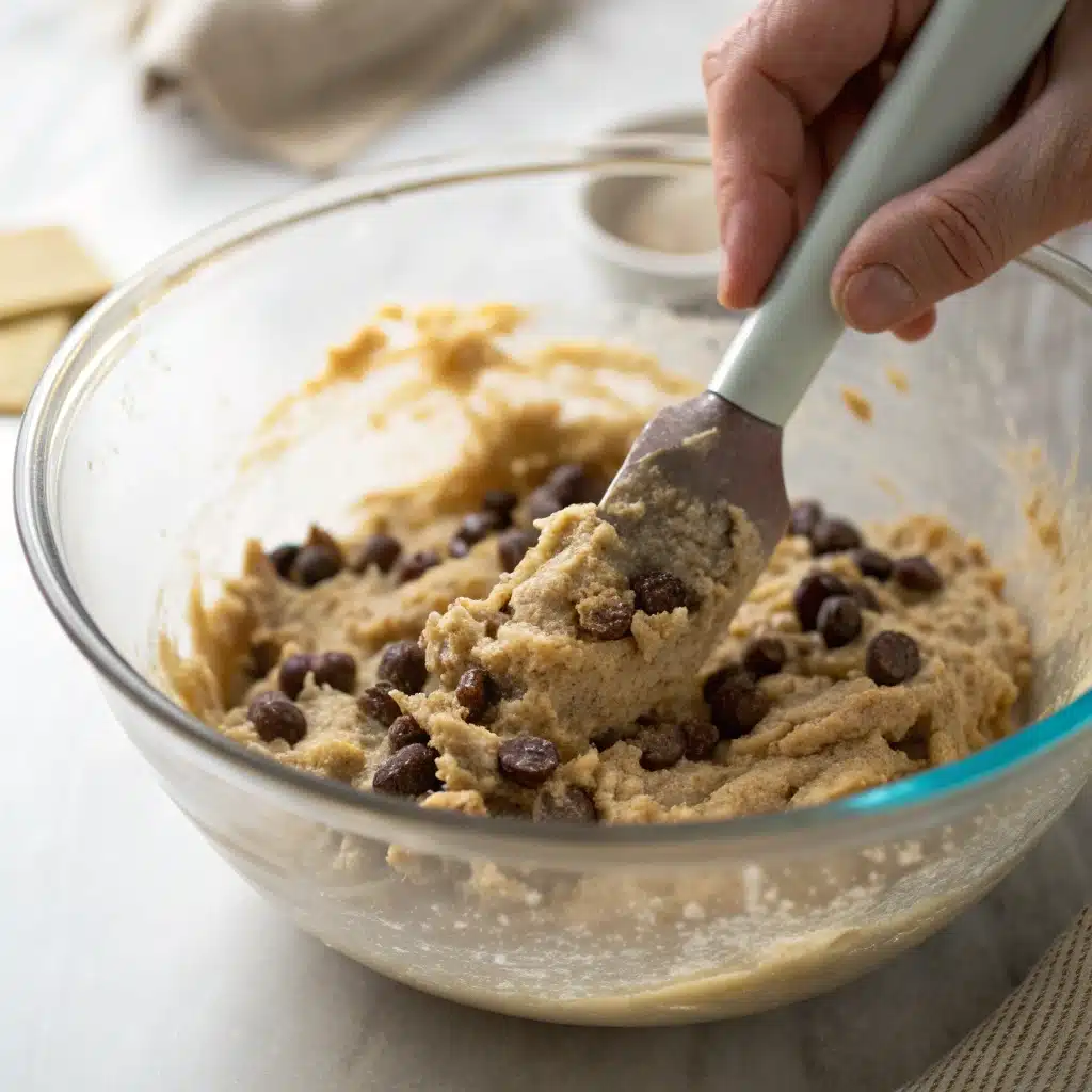 Gently folding chocolate chips into the lumpy gluten-free banana muffin batter in a glass bowl.