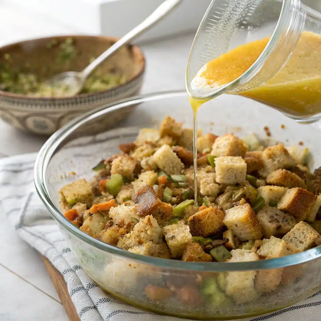 Assembling the gluten free stuffing recipe by pouring a stock and egg mixture over toasted bread cubes and vegetables in a large bowl.