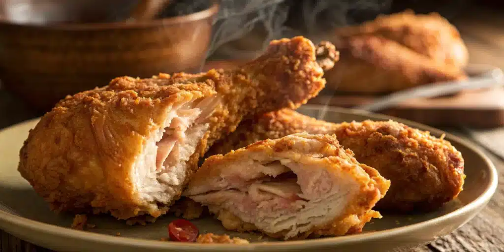 A pile of crispy, golden-brown gluten free fried chicken on a platter, with one piece broken open to show the juicy meat.