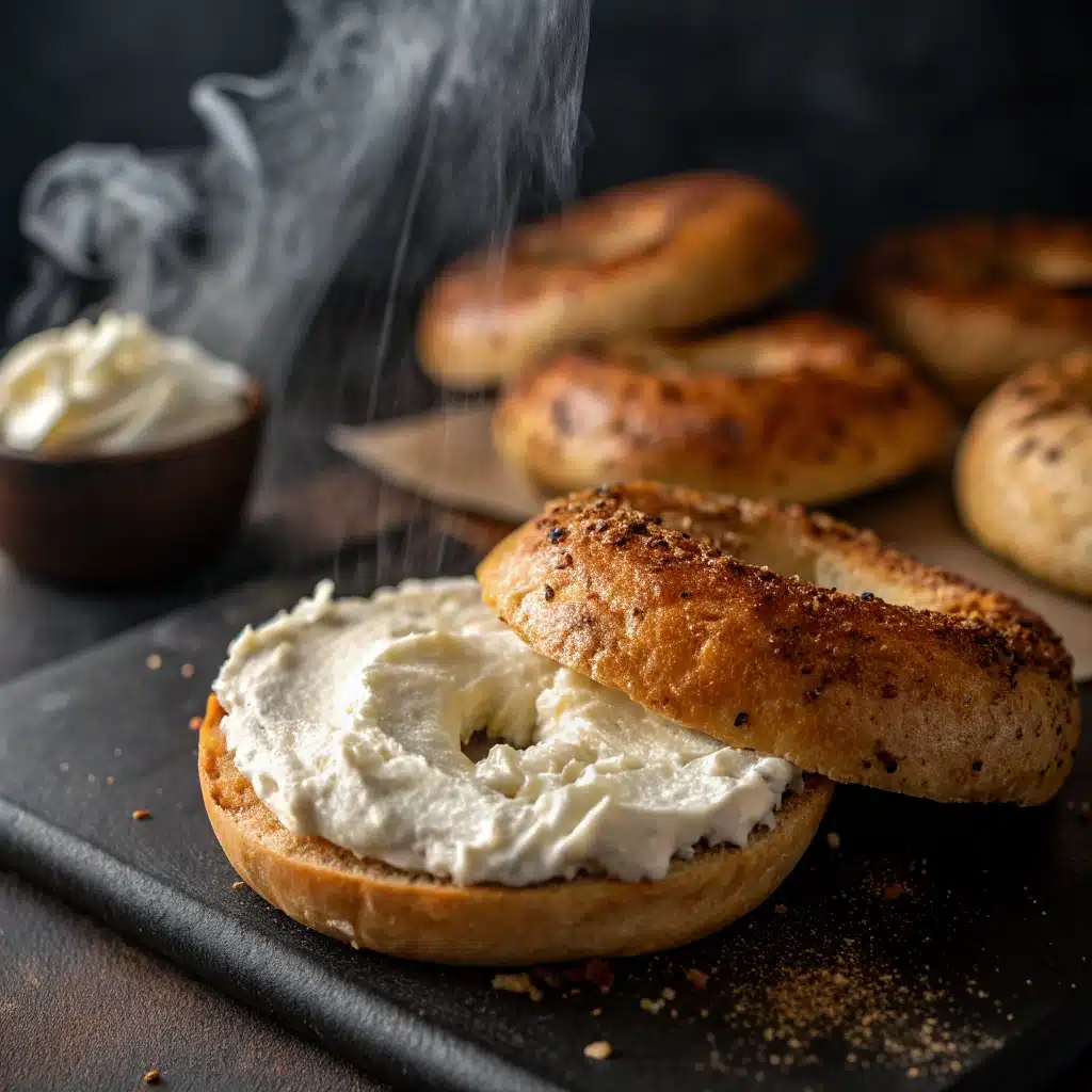 A delicious sliced Gluten-Free Air Fryer Bagel, toasted and topped with cream cheese.