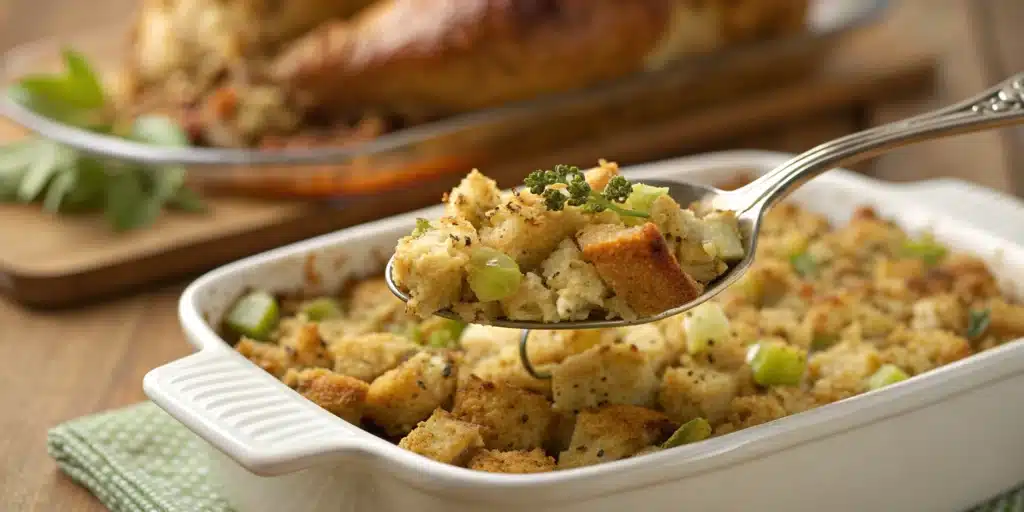 A close-up shot of the best gluten free stuffing recipe, baked to golden perfection in a white dish and ready to serve for the holidays.