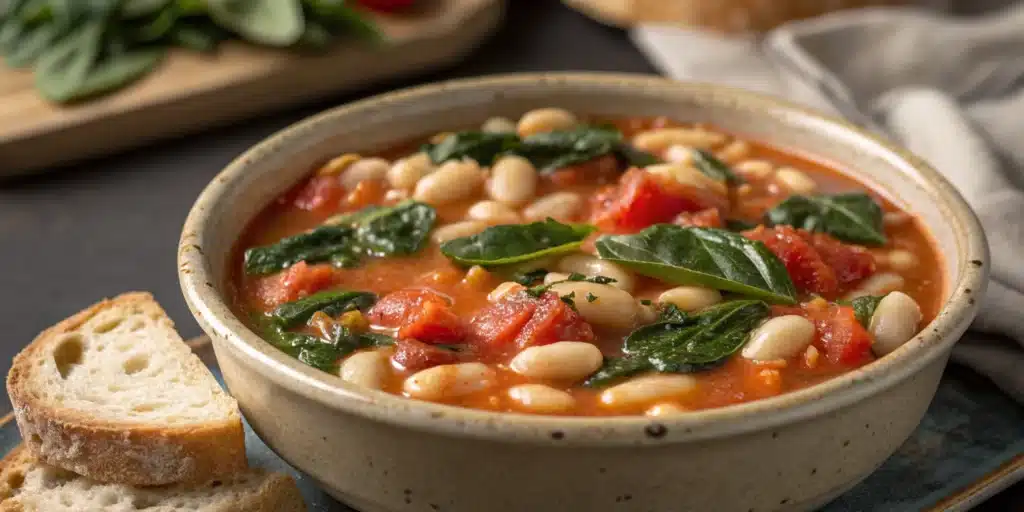 A warm bowl of Creamy Tomato White Bean Stew garnished with fresh basil, with a piece of crusty bread on the side.