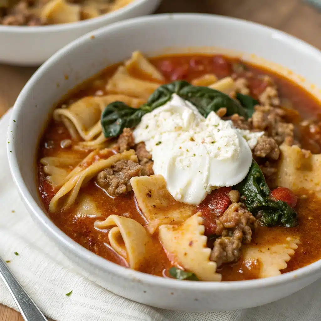  A perfect bowl of Gluten Free Lasagna Soup with a ricotta topping on a white background.