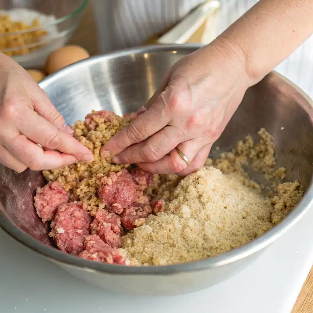 Hands gently mixing the ingredients for Gluten-Free Meatballs in a large bowl.