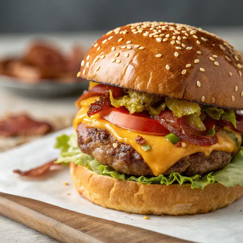 A juicy cheeseburger served on a homemade, soft gluten free hamburger bun.