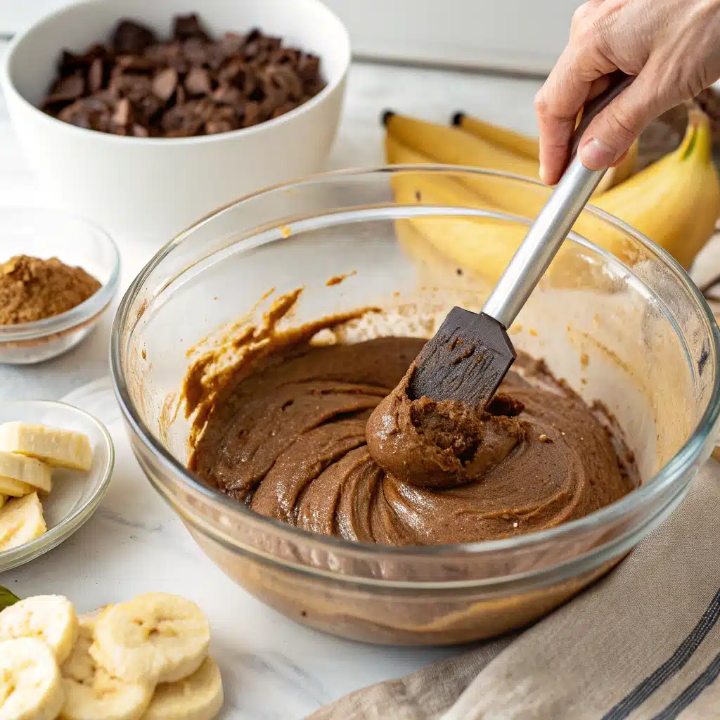 Mixing cocoa powder into a smooth blend of mashed banana and peanut butter in a large bowl.